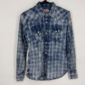 True Religion Shirt Womens Small Blue Plaid Western Pearl Snap Long Sleeve